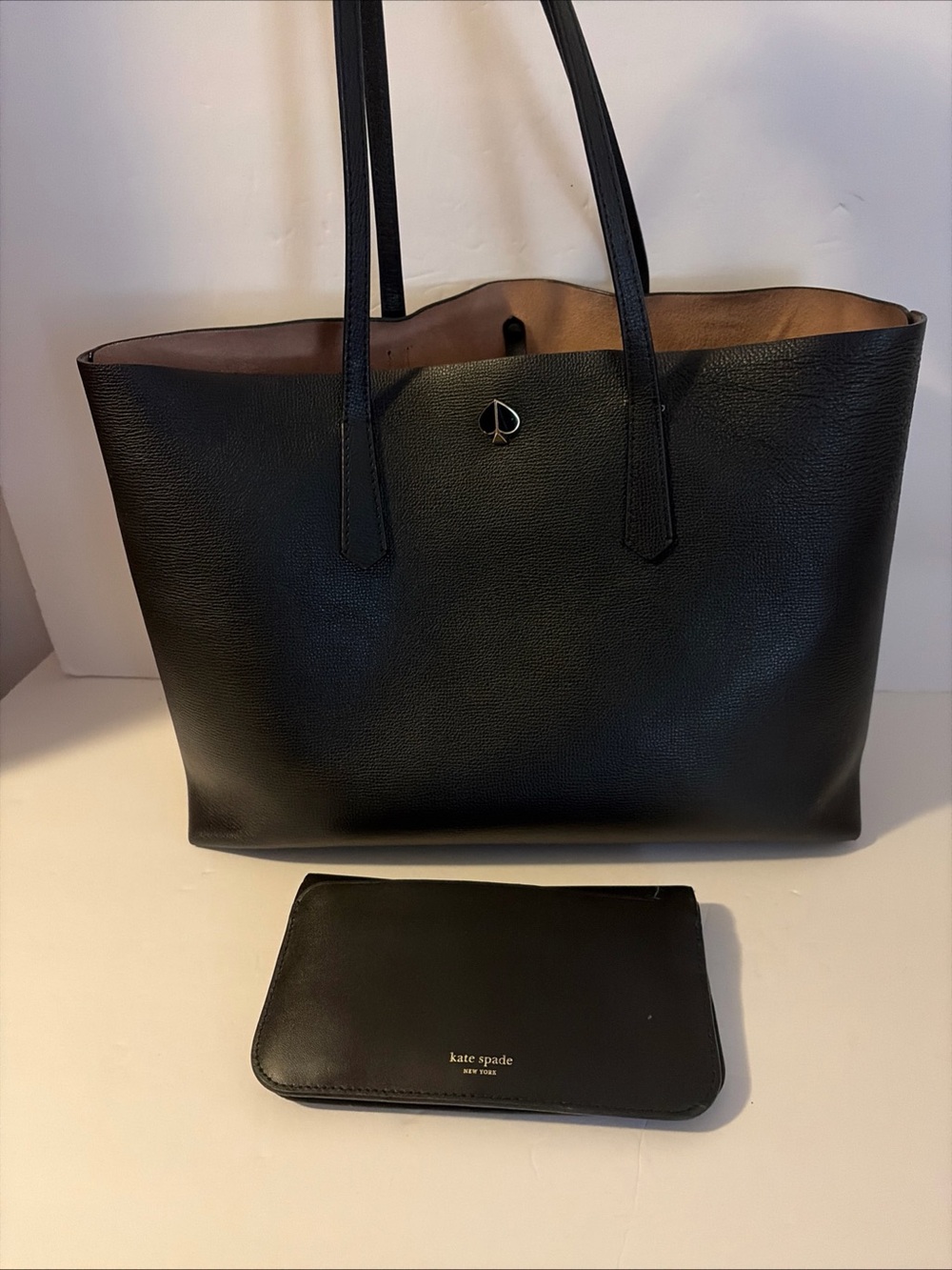 KATE SPADE Black Leather Tote Bag W/ Attached Makeup Bag And Separate Wallet